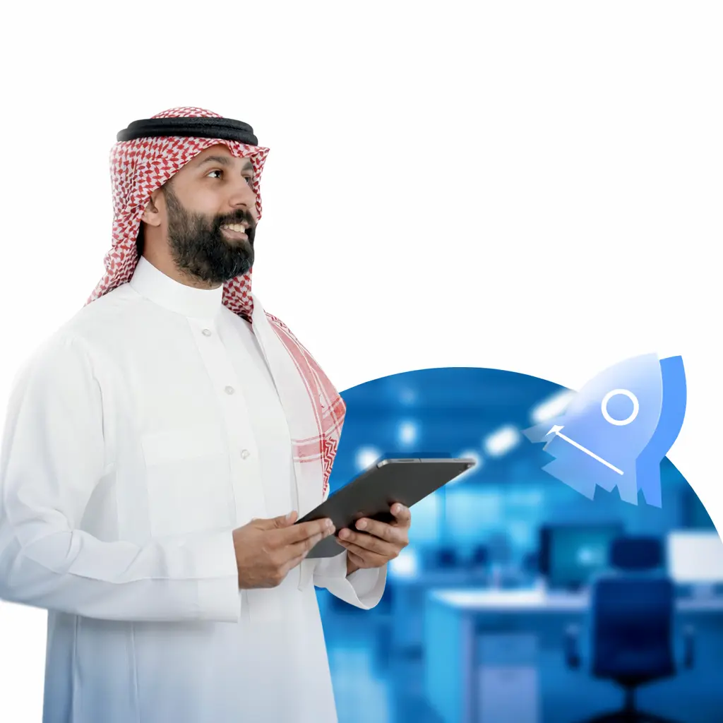As a Saudi model holding an iPad, representing a company. The model is standing in an office environment and representing a business manager looking for financing and for the growth that follows financing