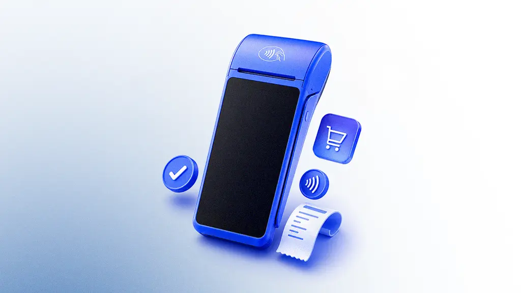 An illustration of a POS machine, with icons around it representing connectivity, pricing, POS fees, and shopping