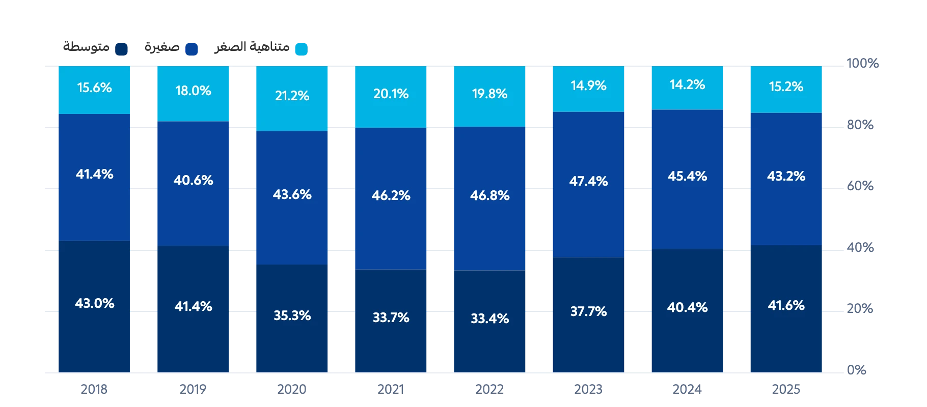 شركات التمويل: توزيع محفظة تمويل المنشآت حسب الحجم، 2018-2025